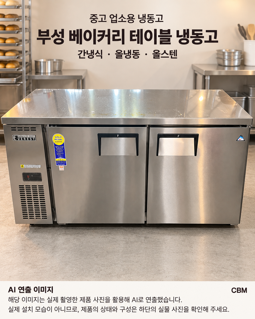 부성 에베레스트 테이블냉동고 1500 중고 간냉식 업소용 · AI 연출 이미지
