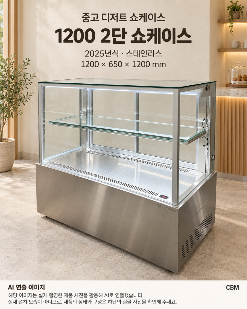 카페쇼케이스 1200 중고 2단 제과 케이크 진열 보관 냉장고 업소용 · AI 연출 이미지