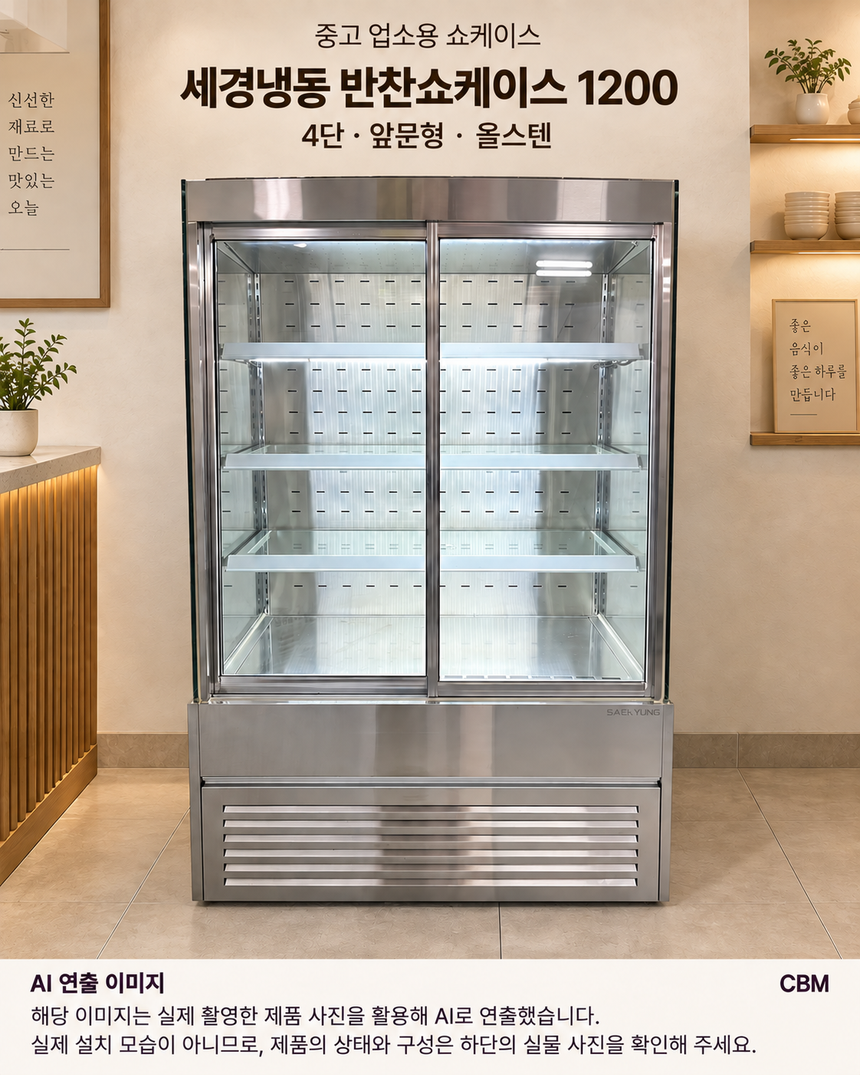 반찬 쇼케이스 1200 중고 올스텐 맞춤 제작 4단 앞문형 · AI 연출 이미지
