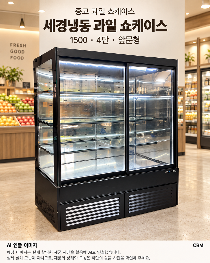 과일가게 쇼케이스 냉장고 1500 반찬 야채 밀키트 진열 보관 세경냉동 · AI 연출 이미지