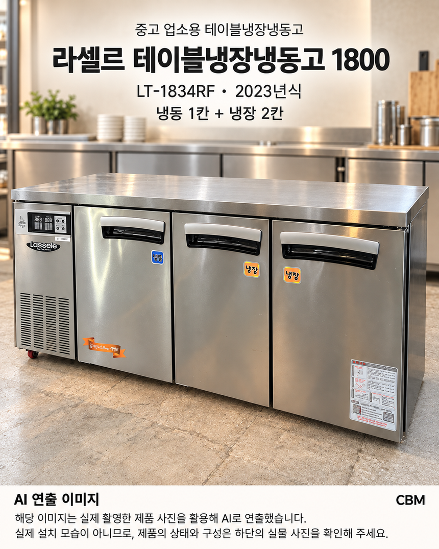라셀르 테이블 냉장냉동고 1800 간냉식 중고 LT-1834RF 업소용 카페 3도어 · AI 연출 이미지