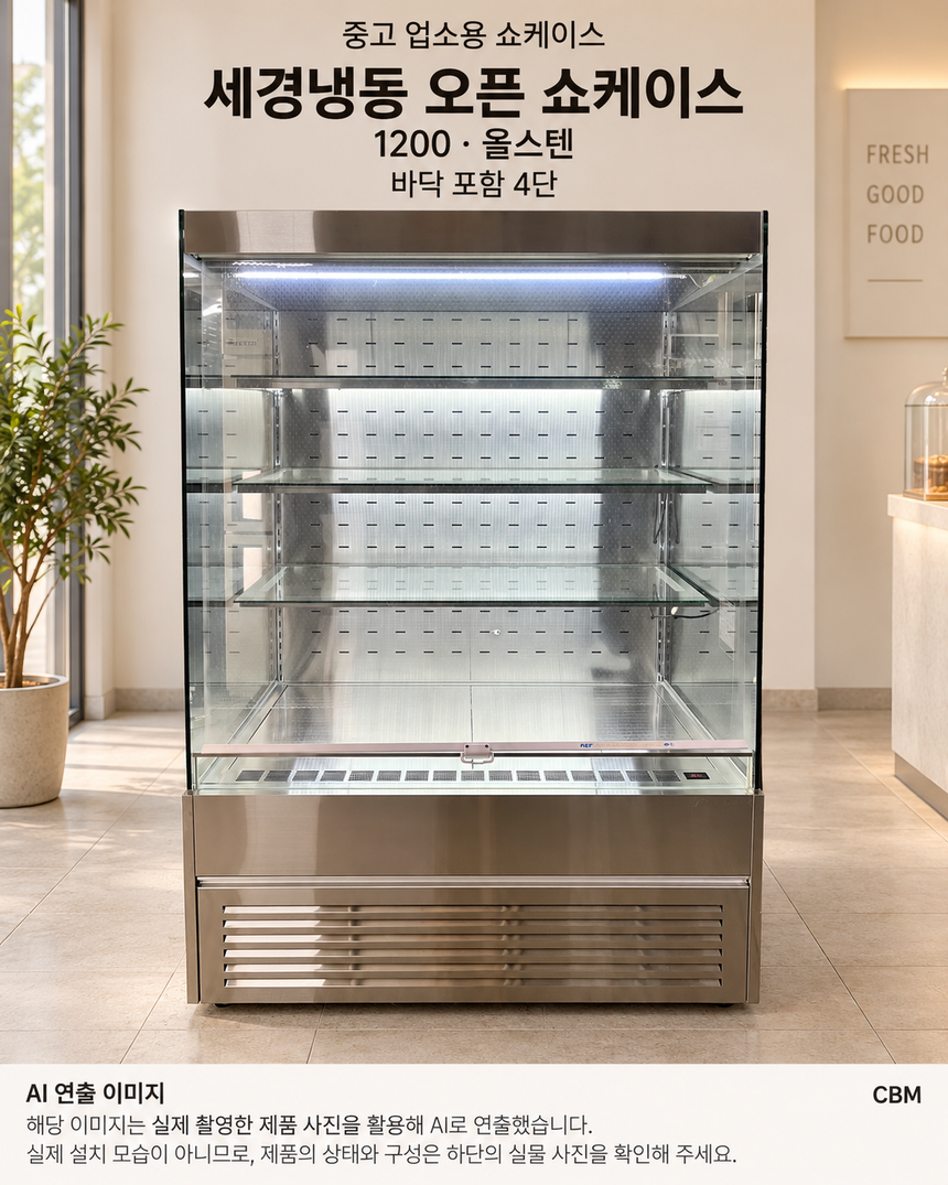 오픈 쇼케이스 냉장고 1200 올스텐 4단 중고 야채 과일 반찬 진열 보관 · AI 연출 이미지