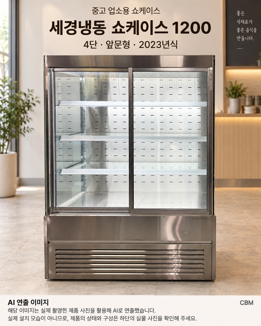 반찬 쇼케이스 냉장고 1200 중고 4단 앞문형 · AI 연출 이미지