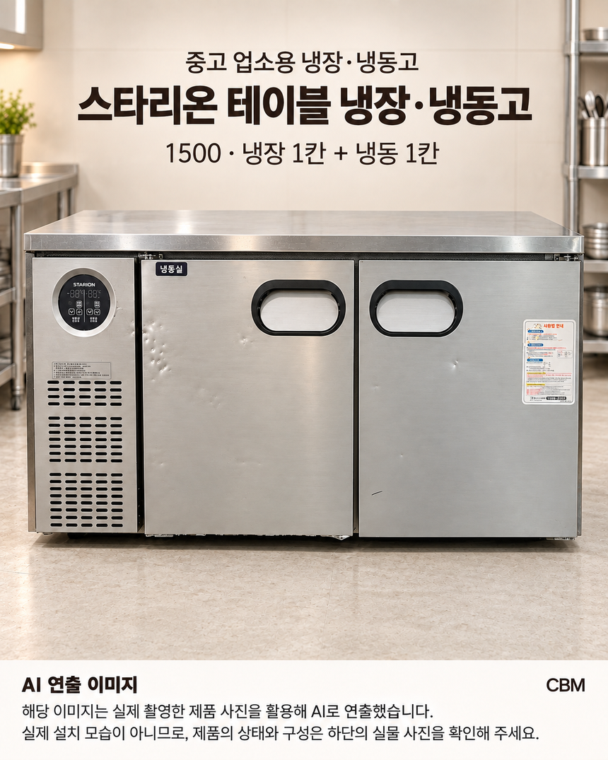 스타리온 테이블냉장고 냉동고 1500 중고 업소용 · AI 연출 이미지