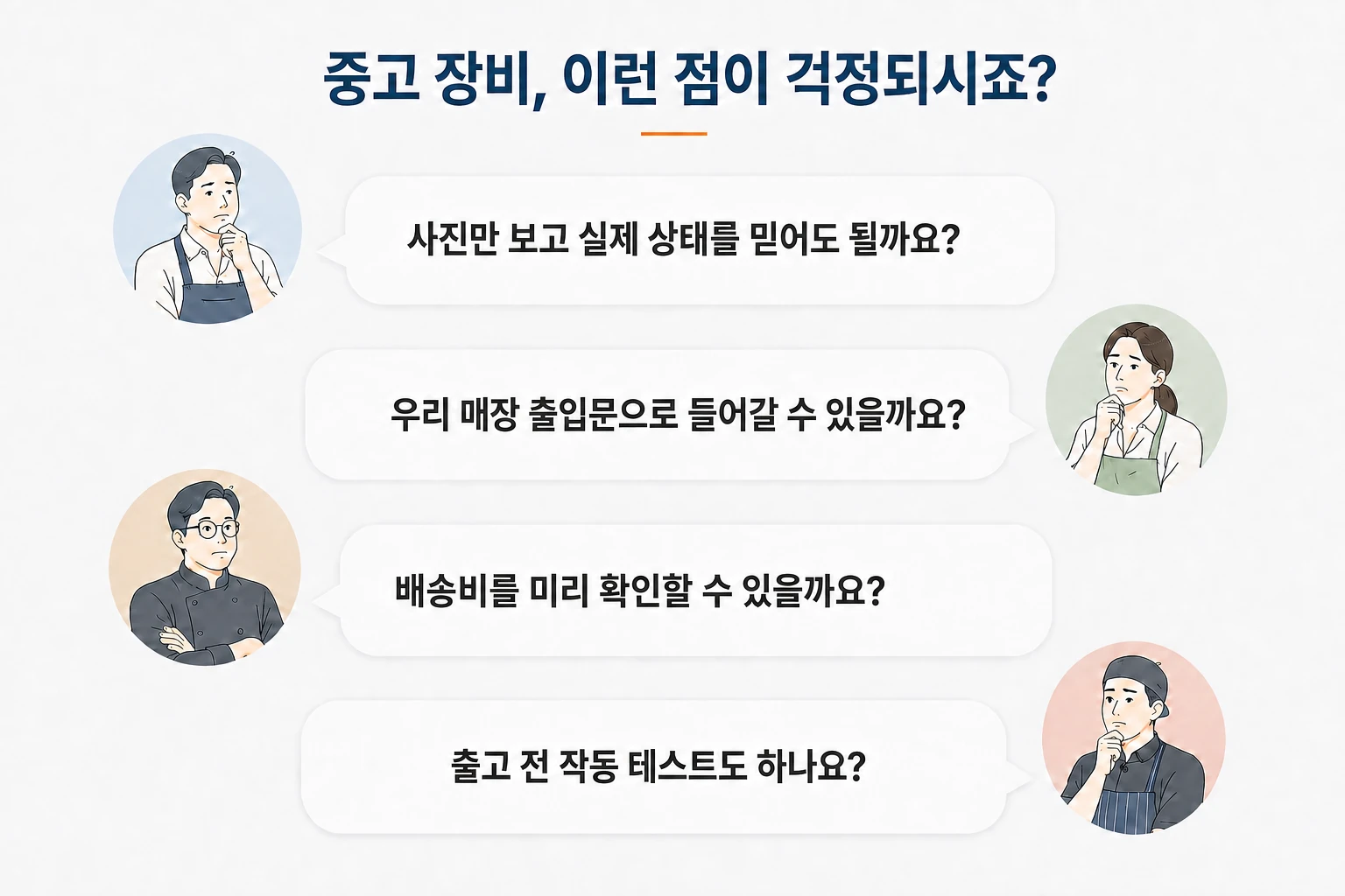 중고 장비 구매 전 실물 상태, 매장 반입 가능 여부, 배송비 사전 확인, 출고 전 작동 테스트를 묻는 고객 질문